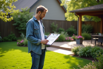 Paysagiste homme dans son jardin en train de vérifier ses plans