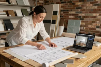 Designer d'intérieur comparant des plans 3D de salle de bain sur une table à dessin en studio professionnel