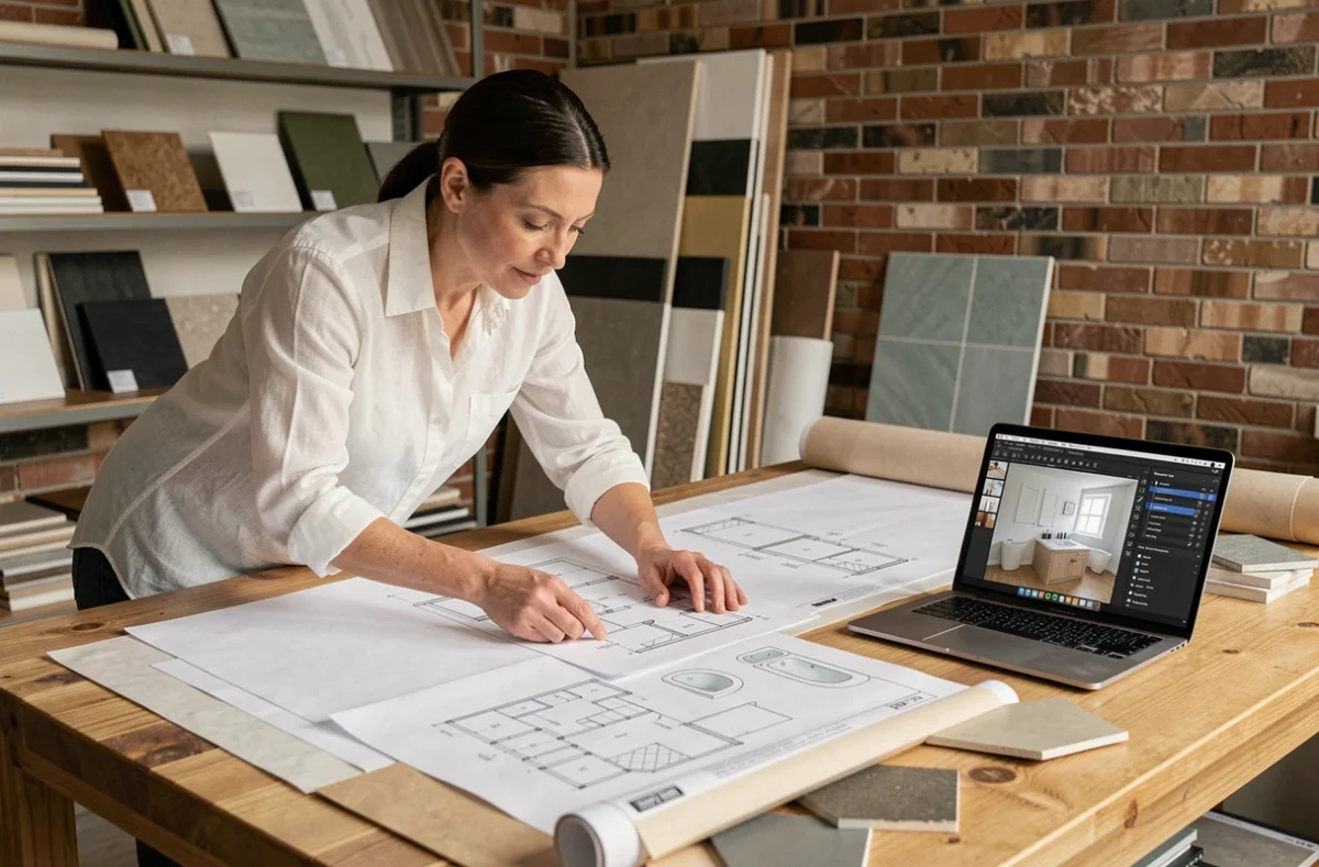 Designer d'intérieur comparant des plans 3D de salle de bain sur une table à dessin en studio professionnel