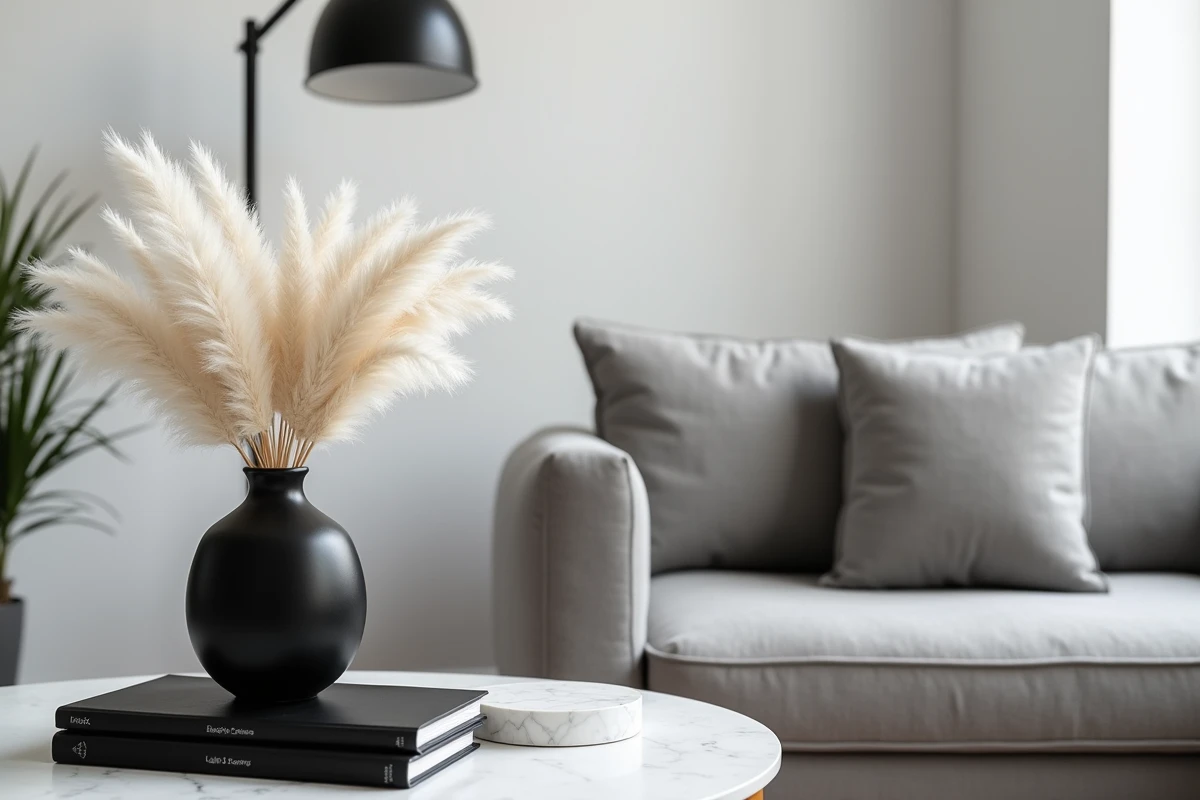 Détail décoratif dans un salon noir et blanc avec vase céramique noir, herbes de pampa blanches et marbre blanc, exemple de mise en scène réussie sans erreur d'accessoirisation