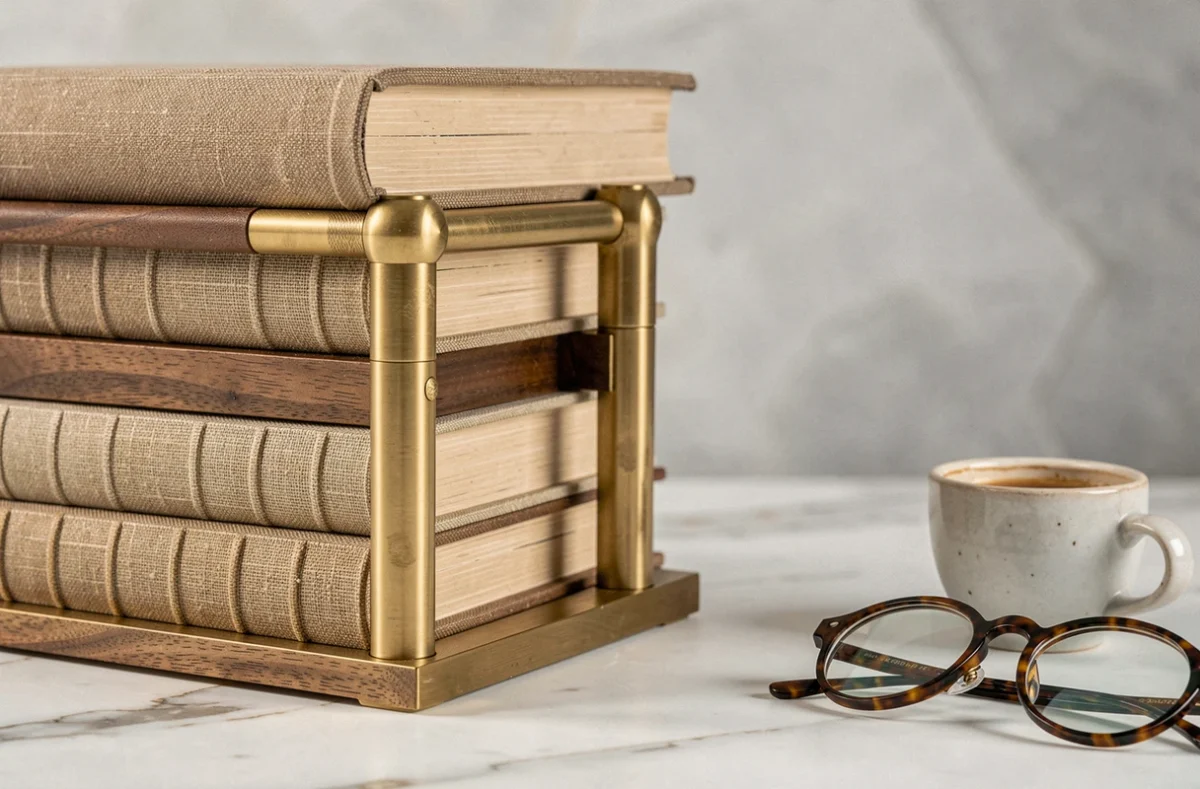 Détail macro d'un book stacker en laiton brossé et bois de noyer sur marbre blanc avec livres aux dos en lin