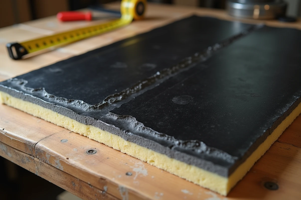 Gros plan sur la coupe transversale d'un panneau isolant TRISO Noir révélant ses couches réfléchissantes et son âme en mousse