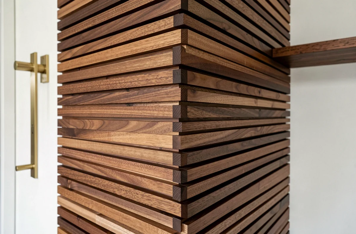 Détail d'un panneau latte bois sur mesure adapté à un angle rentrant de mur dans un couloir résidentiel haut de gamme