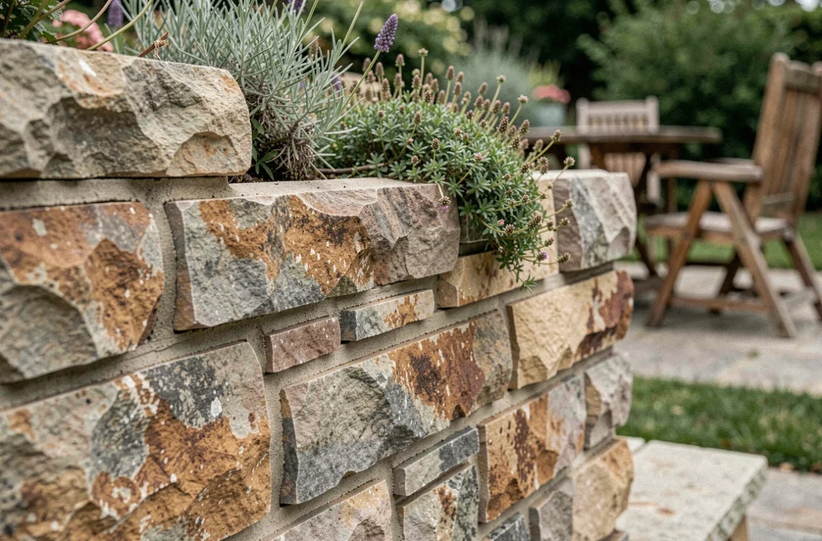 Détail en gros plan d'un mur de clôture en pierre de moellon avec joints de mortier et plantes grimpantes, illustrant la texture naturelle et la durabilité de ce type de clôture