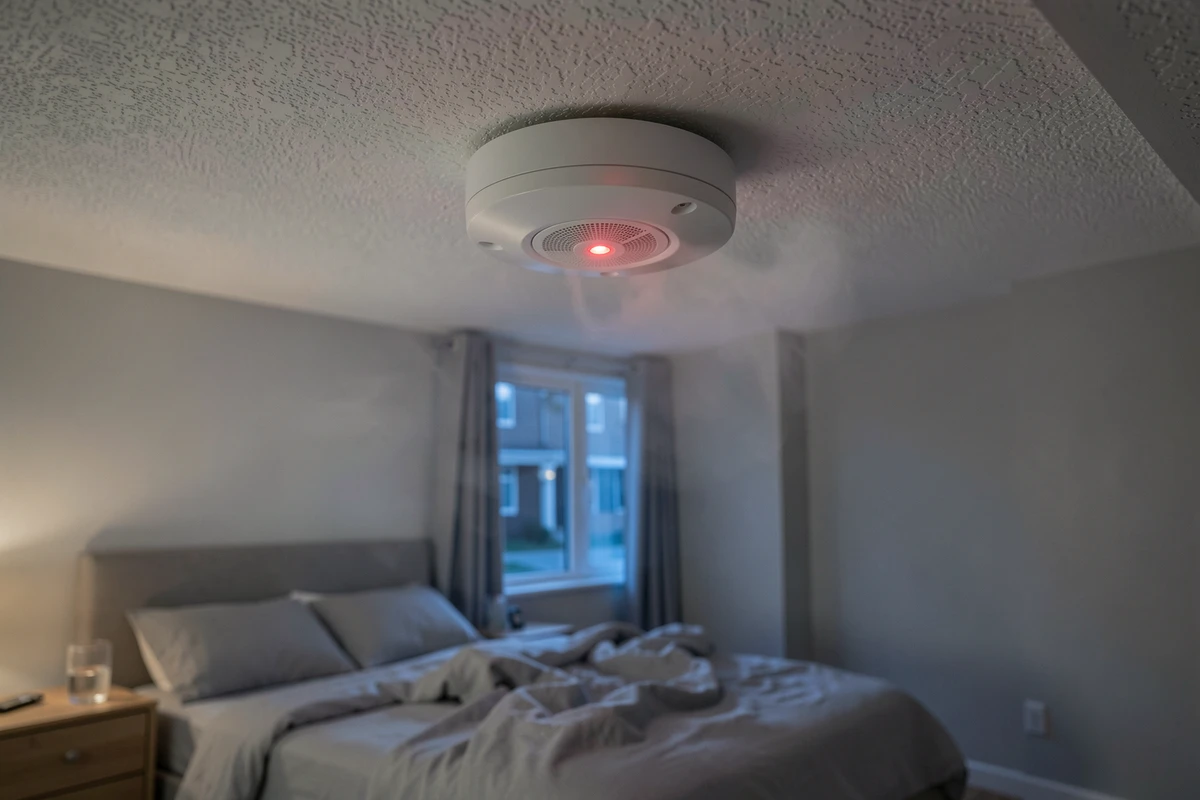 Détecteur de fumée blanc au plafond d'une chambre la nuit avec voyant rouge clignotant et lit défait en arrière-plan