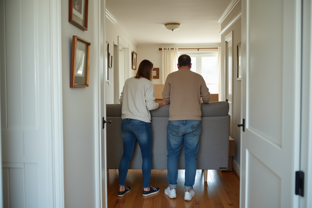 Couple déplaçant un canapé dans un couloir intérieur