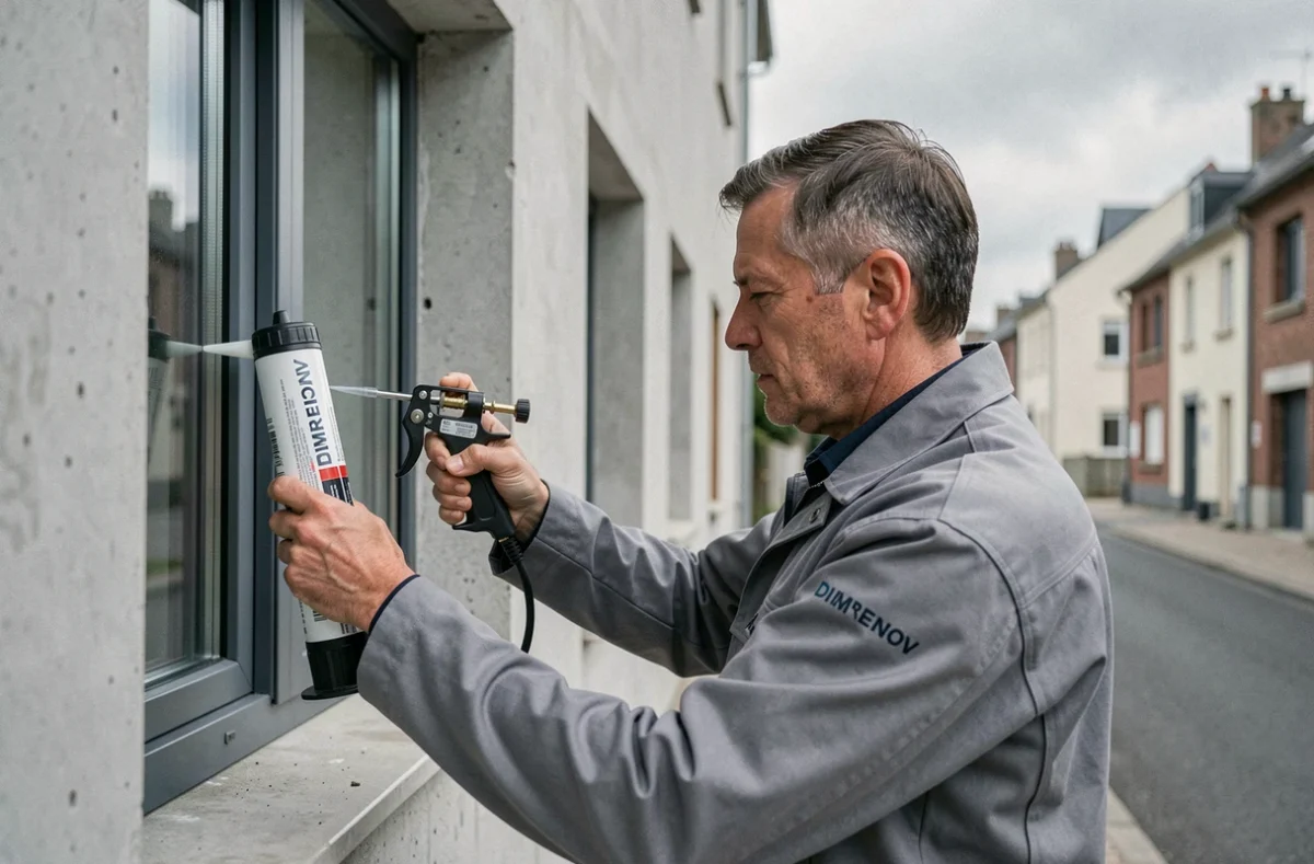 Technicien DIM'RENOV installant une fenêtre en aluminium sur un immeuble résidentiel dans le nord de la France