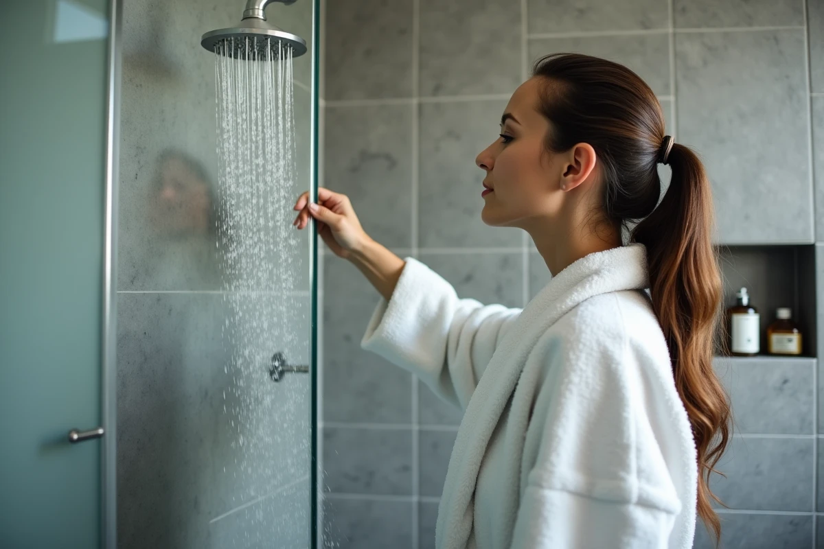 Femme réglant un pommeau de douche économe en eau dans une salle de bain moderne