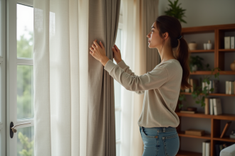 Femme drapant un rideau en lin dans un salon moderne