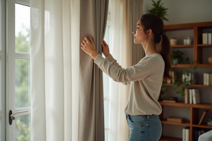 Femme drapant un rideau en lin dans un salon moderne