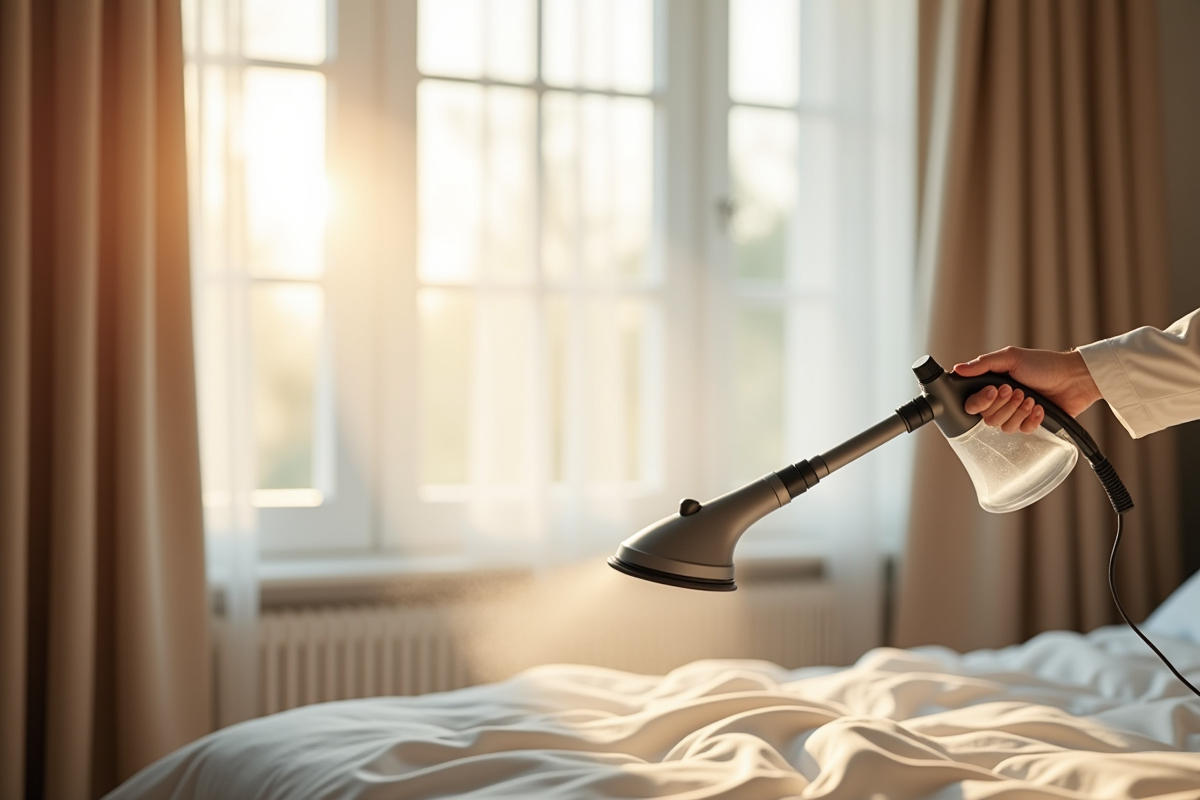 Rideaux en tissu délicat vapeur dans une chambre lumineuse