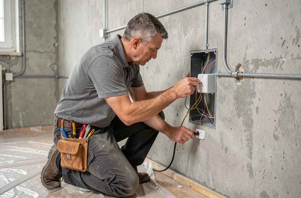 Électricien installant une prise murale dans une pièce en cours de rénovation