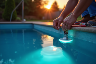 Électricien remplaçant une lampe LED sous-marine au coucher du soleil