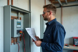 Électricien professionnel inspectant un tableau de sous-compteur électrique dans une salle technique résidentielle