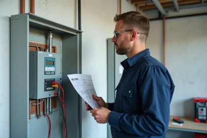 Électricien professionnel inspectant un tableau de sous-compteur électrique dans une salle technique résidentielle