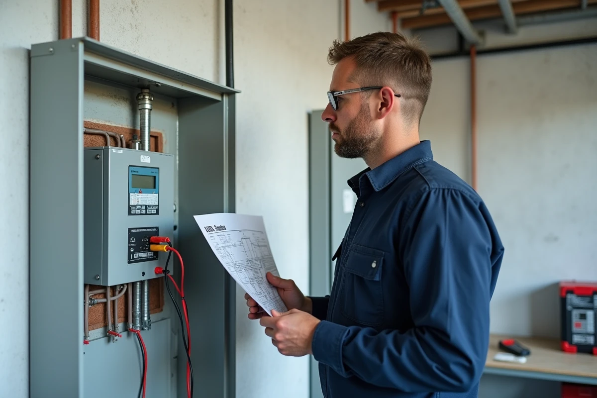 Électricien professionnel inspectant un tableau de sous-compteur électrique dans une salle technique résidentielle