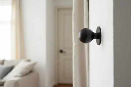 Embout de tringle à rideau design en métal noir mat fixé sur un mur blanc dans un salon moderne et minimaliste