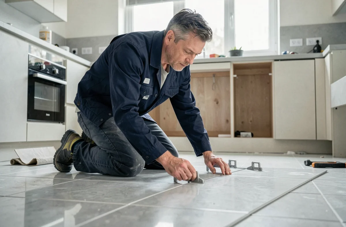 Carreleur de l'Entreprise Carrelage Marly posant du carrelage dans une cuisine moderne