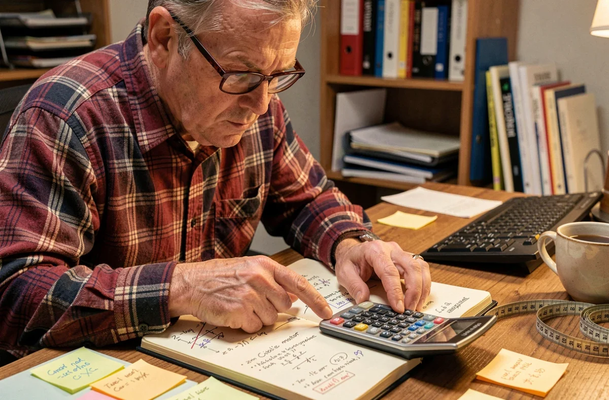 Homme corrigeant des erreurs de calcul de mètres cubes dans un carnet avec une calculatrice scientifique sur un bureau