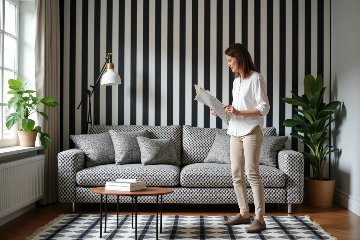 Designer d'intérieur évaluant un salon noir et blanc avec erreur de surcharge de motifs, illustrant les pièges à éviter pour garder l'harmonie décorative