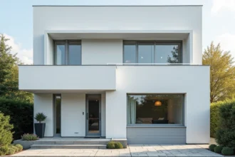 Façade de maison contemporaine avec menuiseries aluminium en couleur RAL 9006 gris blanc métallisé