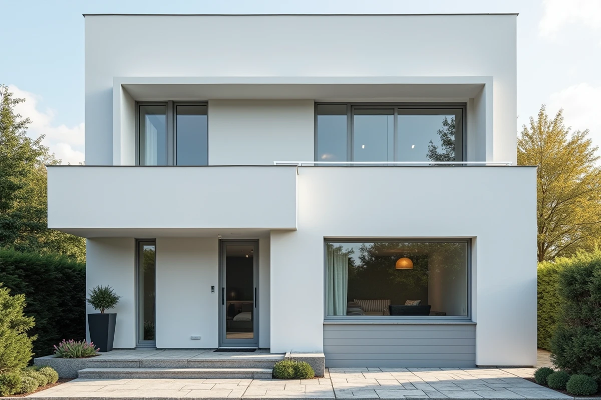 Façade de maison contemporaine avec menuiseries aluminium en couleur RAL 9006 gris blanc métallisé