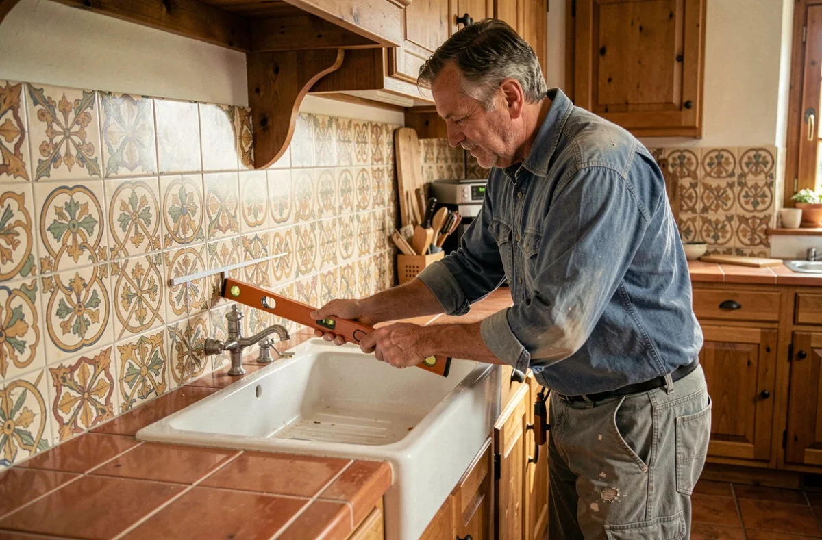 Artisan de Faïence et Carrelage Kieffer posant un revêtement en faïence décorative dans une cuisine traditionnelle lorraine
