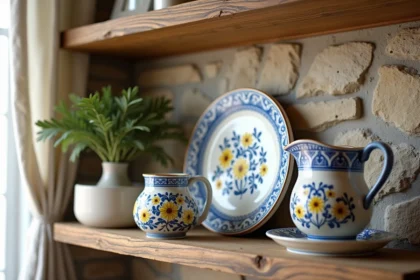 Étagère en chêne avec trois pièces de faïence Henriot Quimper décorées de motifs bretons traditionnels bleus et jaunes, dans un intérieur à mur en pierre apparente