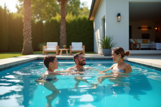 Famille moderne nageant dans une petite piscine de jardin
