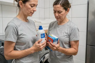 Femme lisant les étiquettes d'un anticalcaire et d'un détachant devant le tiroir ouvert d'un lave-linge moderne