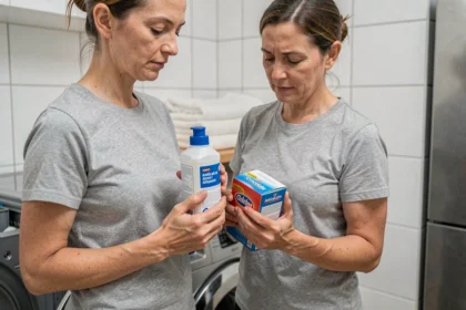 Femme lisant les étiquettes d'un anticalcaire et d'un détachant devant le tiroir ouvert d'un lave-linge moderne