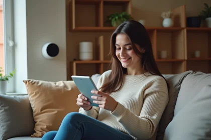 Jeune femme utilisant une tablette pour la domotique
