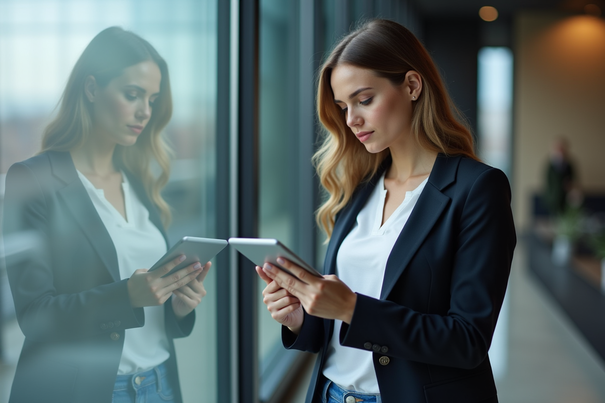 Jeune femme avec tablette vérifiant des points de géolocalisation