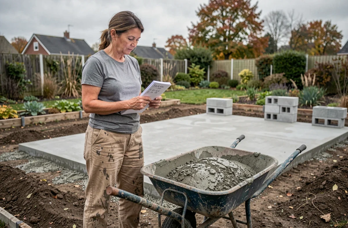 Femme bricoleure calculant le volume de béton à partir d'un sac 35kg sur un chantier de jardin avec brouette