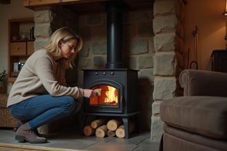 Femme d'âge moyen ajoutant du bois dans un poêle en fonte dans un salon chaleureux