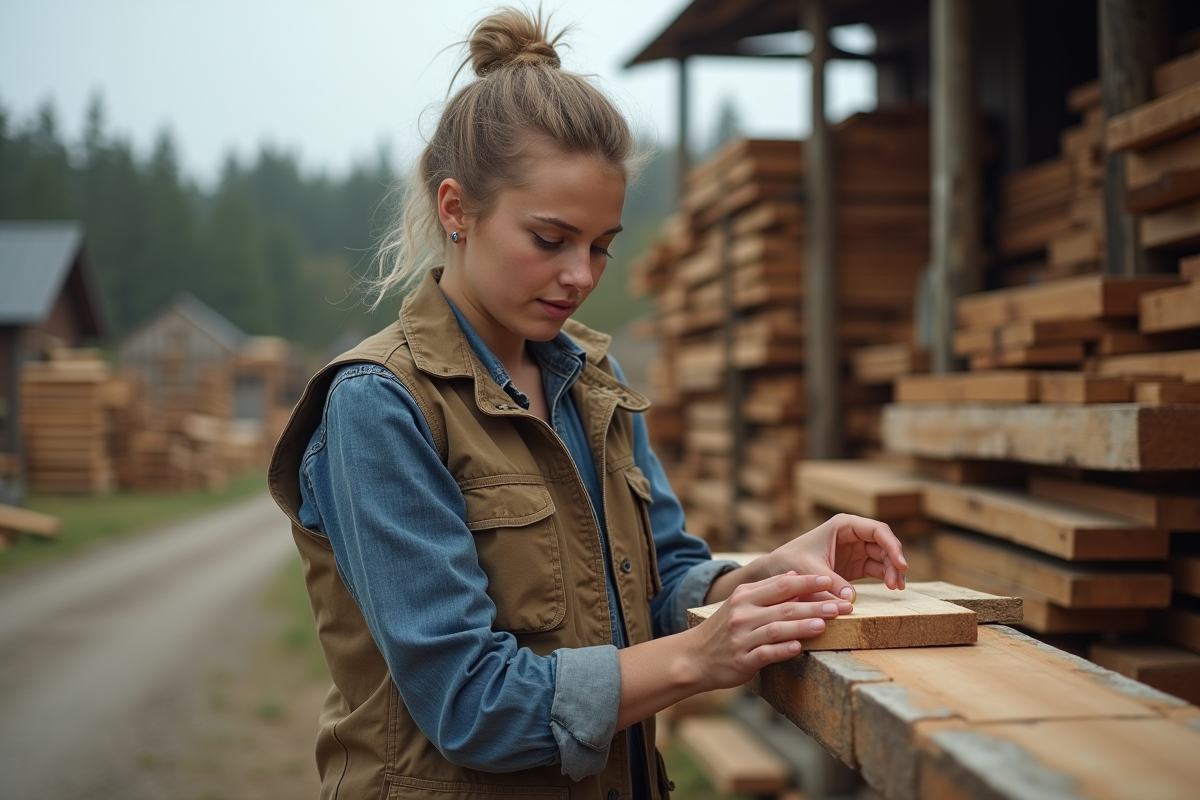 Jeune femme comparant des planches de bois dans une scierie
