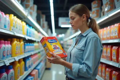 Femme comparant des boîtes de lessive en poudre dans le rayon d'un supermarché