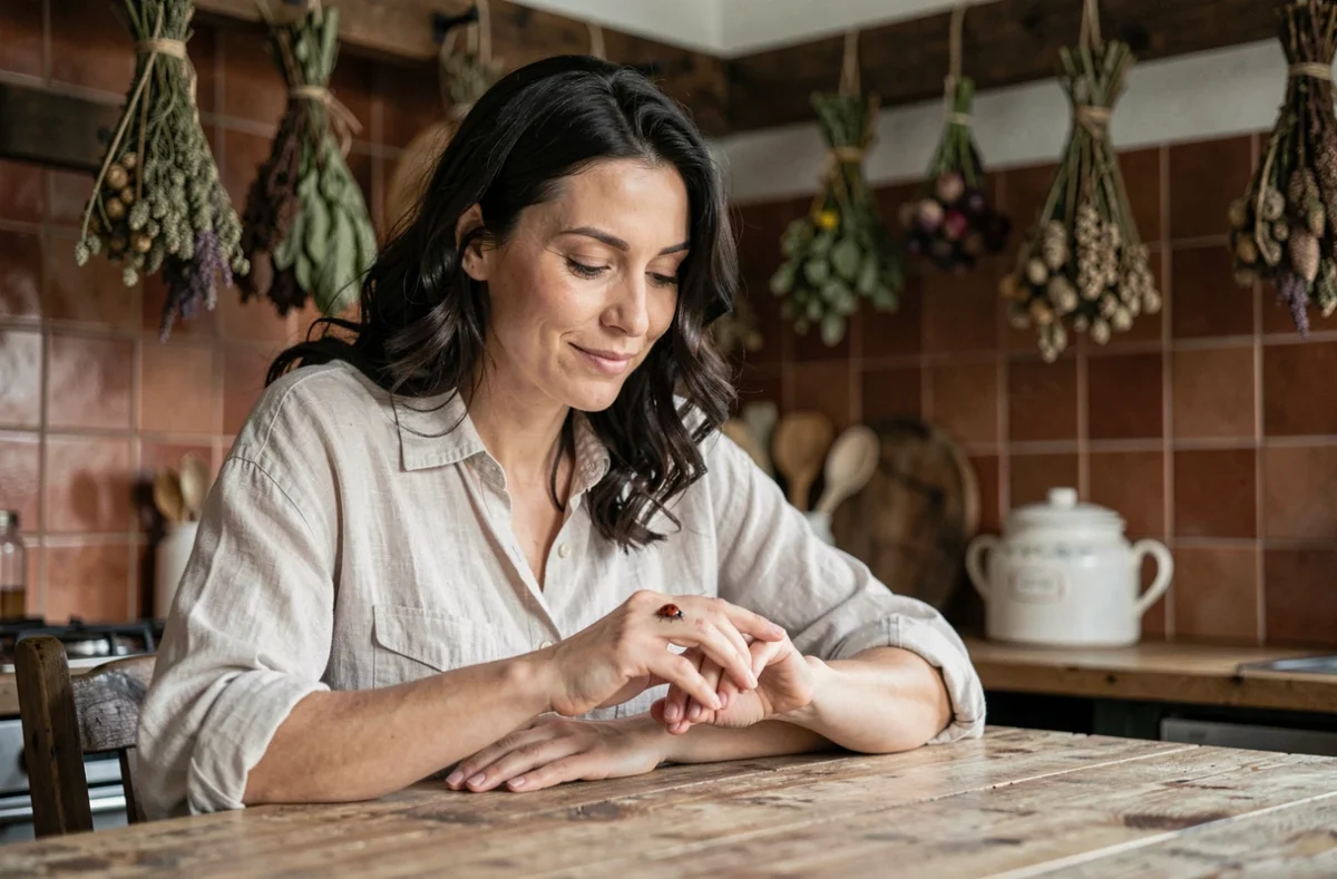 Femme observant une coccinelle sur sa main dans une cuisine rustique, symbolisme et spiritualité de la coccinelle en 2026