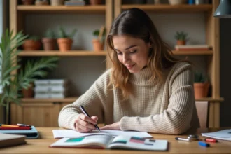 Jeune femme examinant une collection de stylos colorés sur un bureau en bois, dans un bureau à domicile chaleureux rempli de fournitures de papeterie