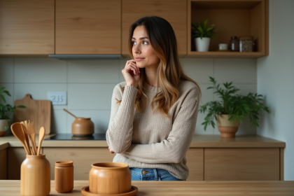 Femme dans la cuisine avec ustensiles en bambou