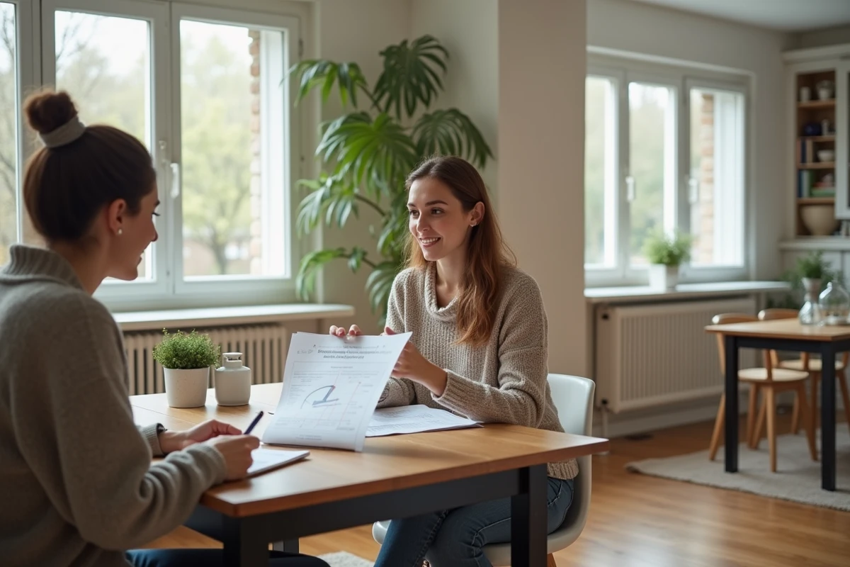 Jeune femme discute avec conseiller en energie dans un salon