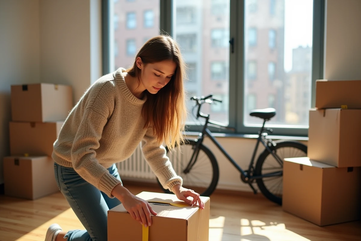 Jeune femme emballant une boîte dans un appartement lumineux