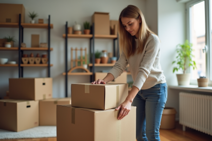 Jeune femme emballant un carton dans un salon moderne