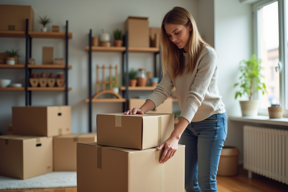 Jeune femme emballant un carton dans un salon moderne