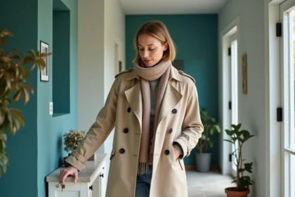 Femme en trench beige dans entrée moderne avec mur teal