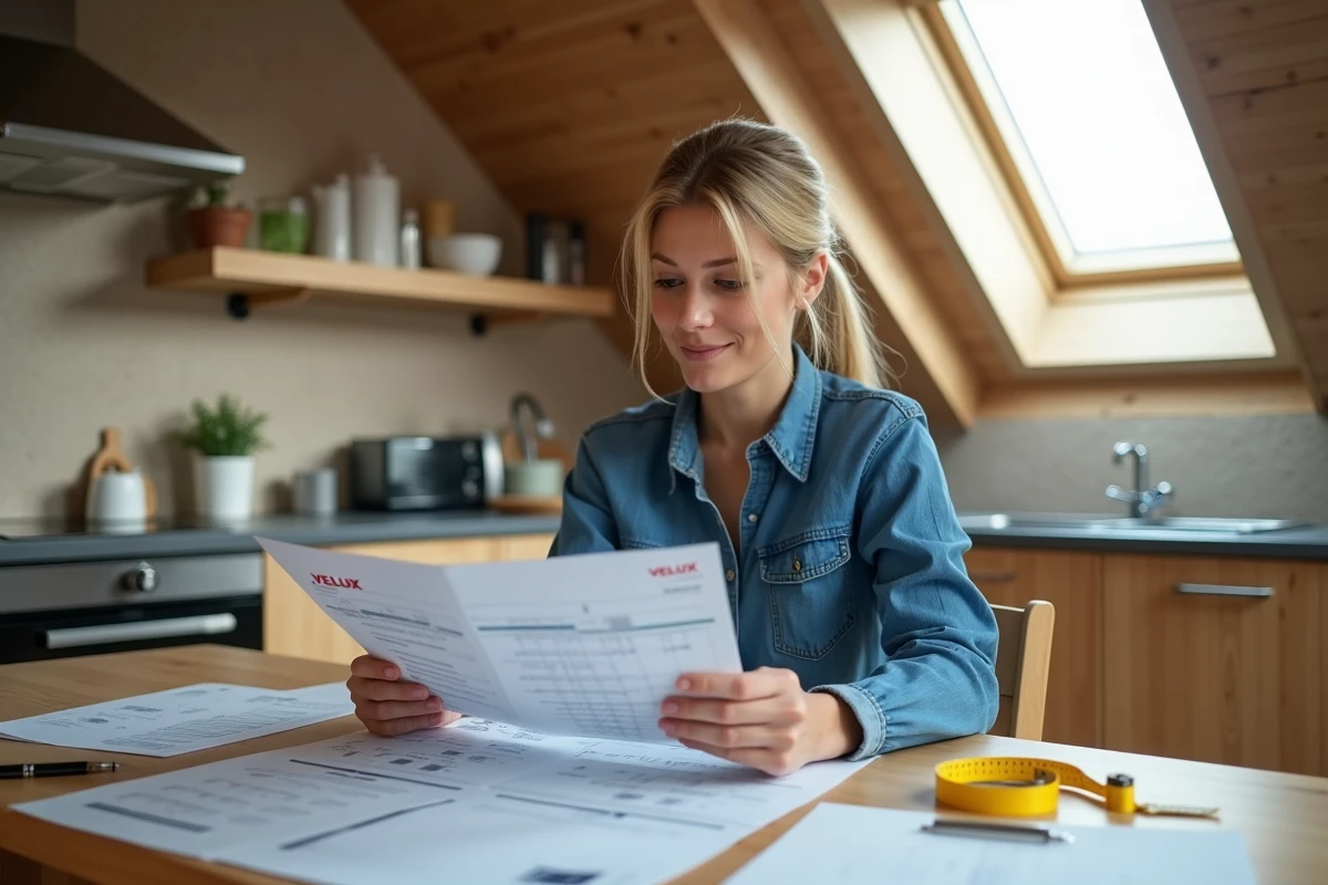 Femme en denim étudie un tableau VELUX dans une cuisine moderne