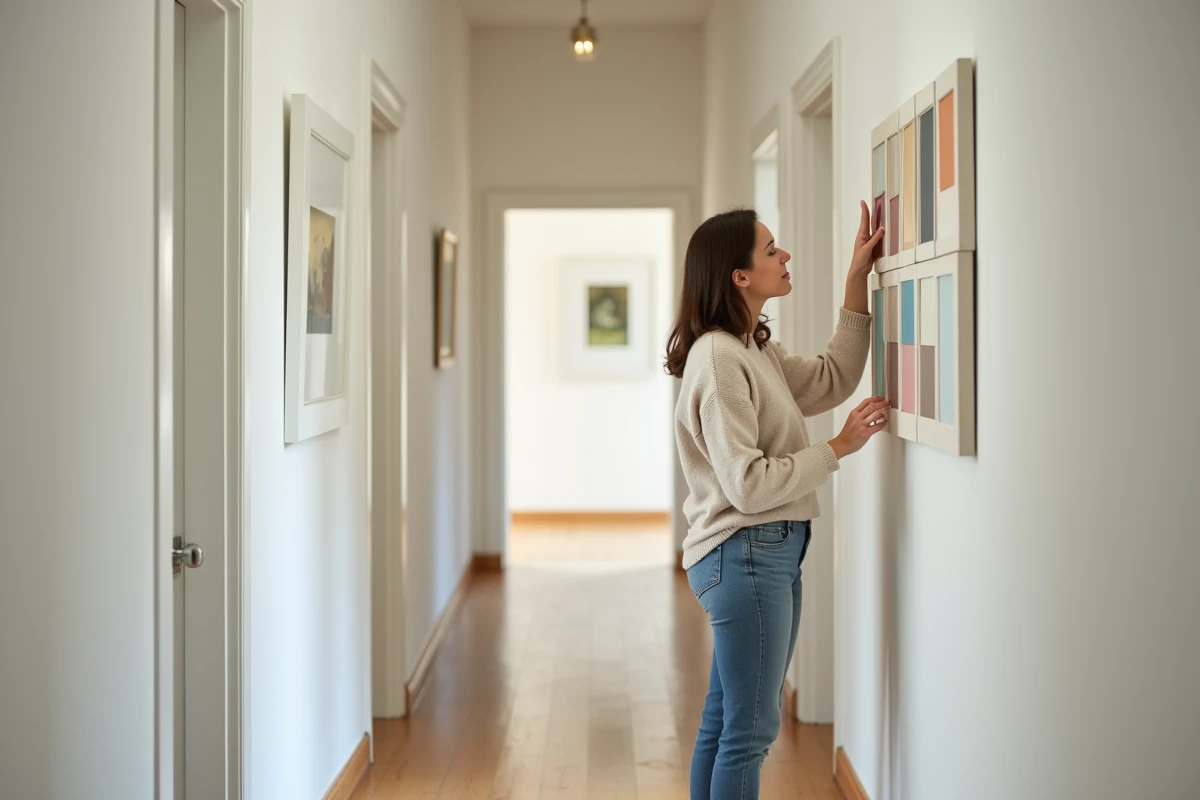 Femme examine des échantillons de couleur dans un couloir lumineux