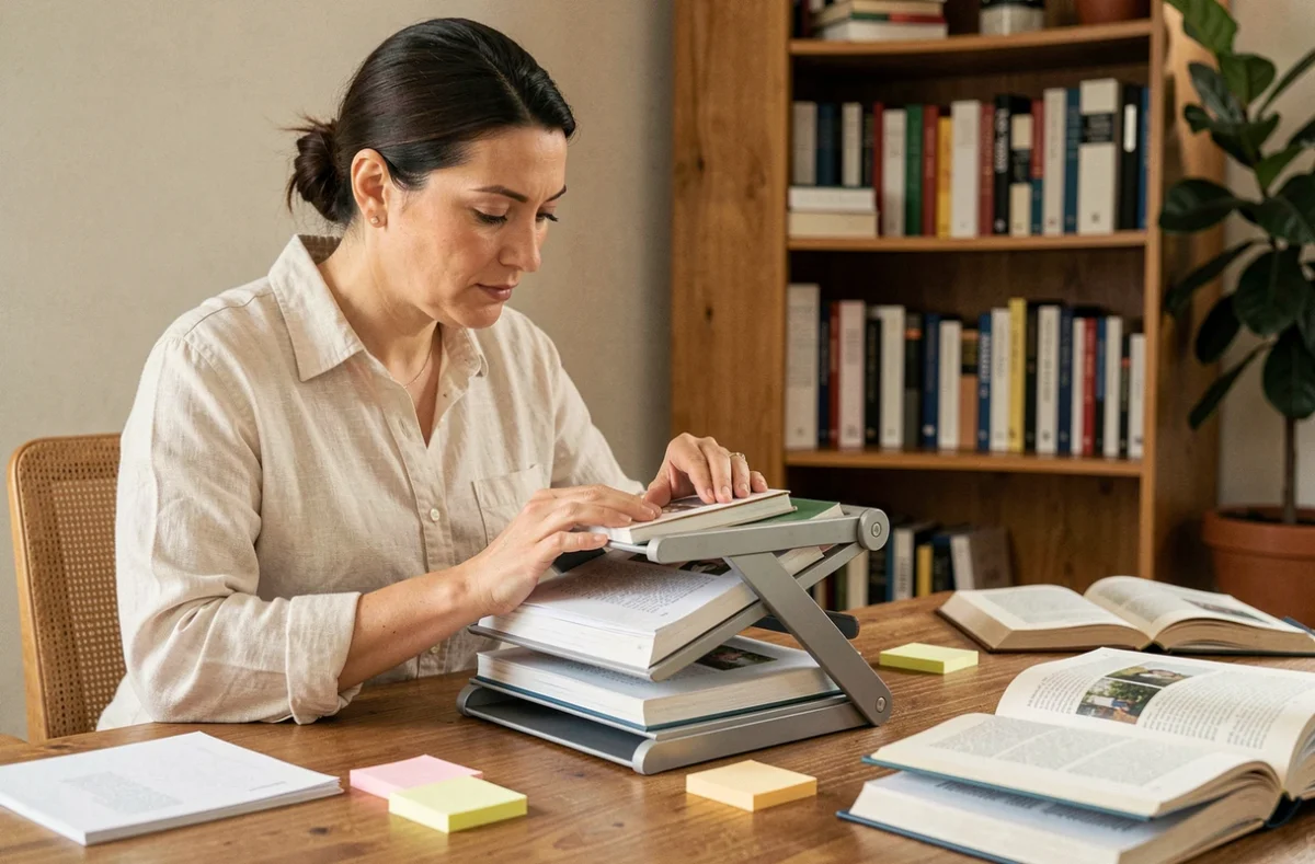 Femme inspectant un book stacker design en bois sur un bureau de home office entouré de livres ouverts