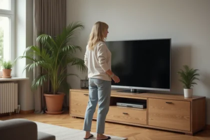 Femme regardant un meuble TV d'angle personnalisé dans un salon