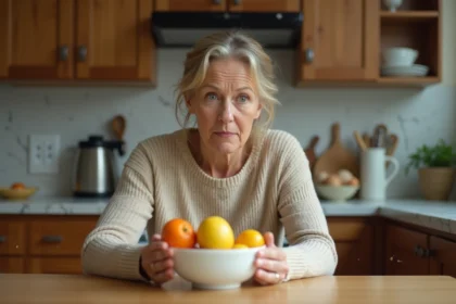 Femme inquiète face à des mouches sur un bol de fruits